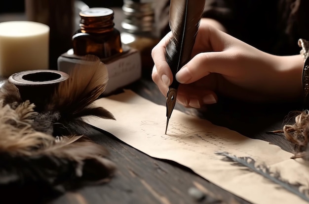 Kobieta używająca pióra pisze atramentem kopiować tekst sztuka poeta stół przeszłość Generate Ai