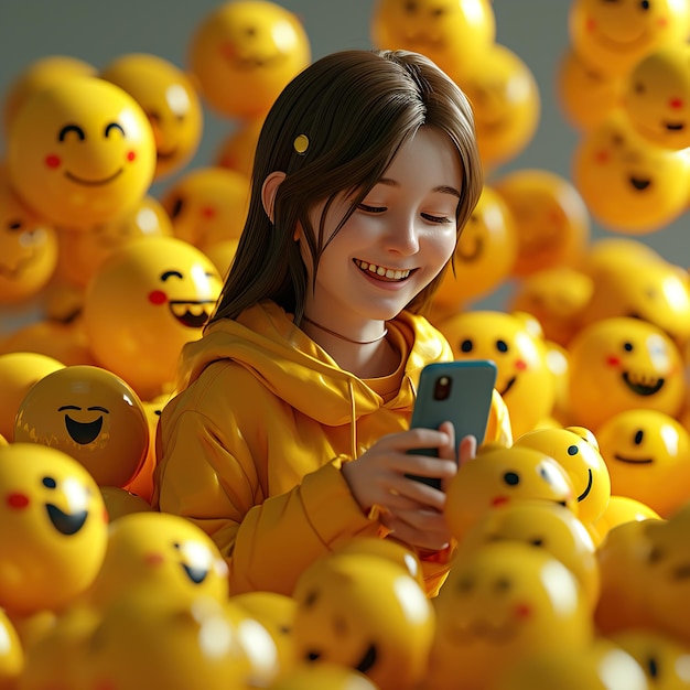 Kobieta używająca smartfona do wysyłania emoji Szczęśliwa kobieta używająca telefonu do czatu online z przyjaciółmi 3d emoji