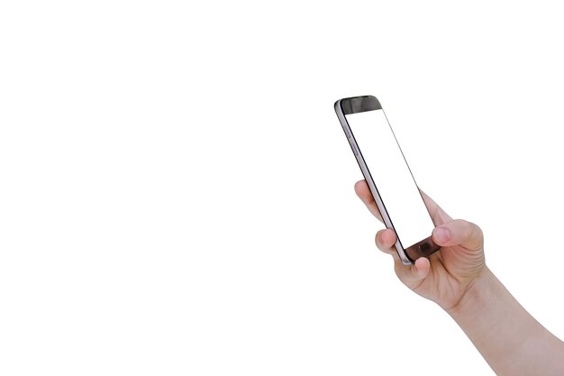 Kobieta używająca smartfonu komórkowego odizolowana na białym tle