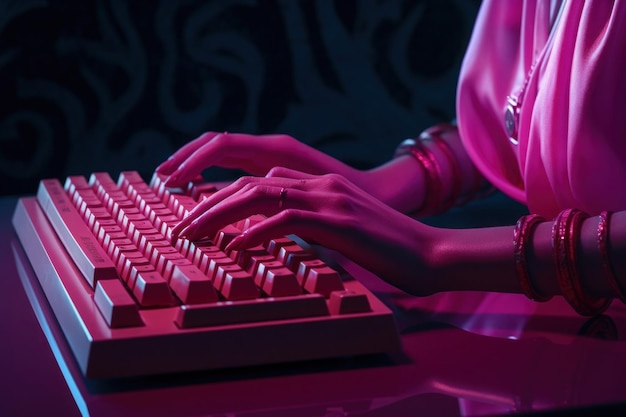 Kobieta używająca zabytkowego komputera, pisząca na klawiaturze Koncepcja retro pop-artu w jasnych kolorach