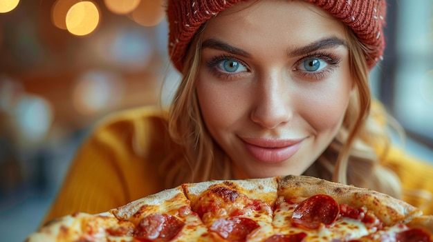 Kobieta w beretce jedząca pizzę na żółtej ramce portretowej