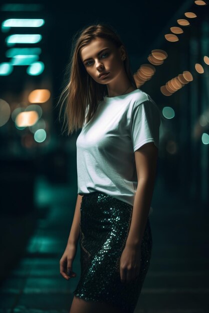 Kobieta w białej koszulce stoi w ciemnej uliczce ze światłami w tle.