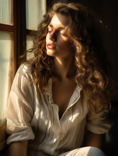Kobieta w białej koszuli siedzi przed oknem, a słońce świeci jej w oczy.
