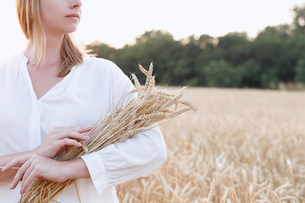 Kobieta w białej koszuli trzyma pszenicę na polu o zachodzie słońca. zbliżenie