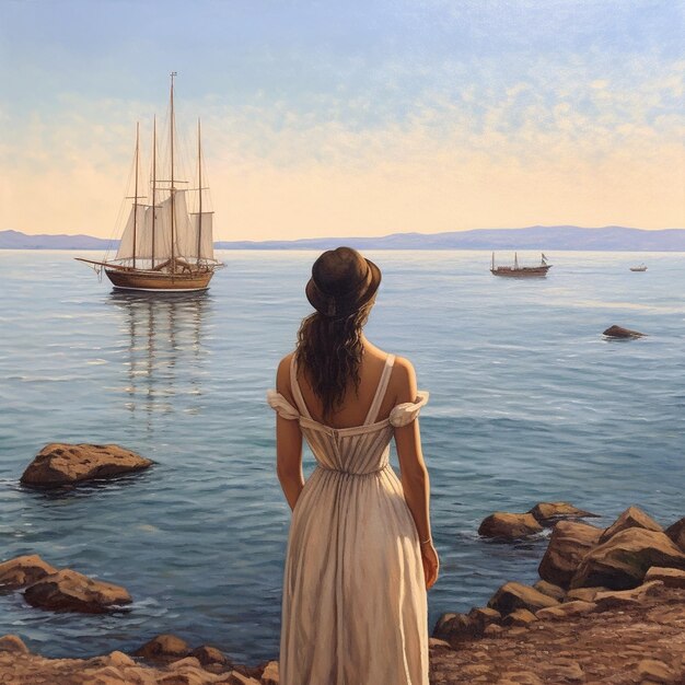 Kobieta w białej sukience patrzy na łódź na wodzie.
