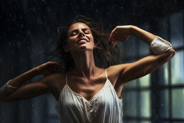 Kobieta w białej sukience tańczy w deszczu.