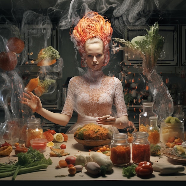 Zdjęcie kobieta w białej sukience z pomarańczowymi włosami gotuje posiłek.