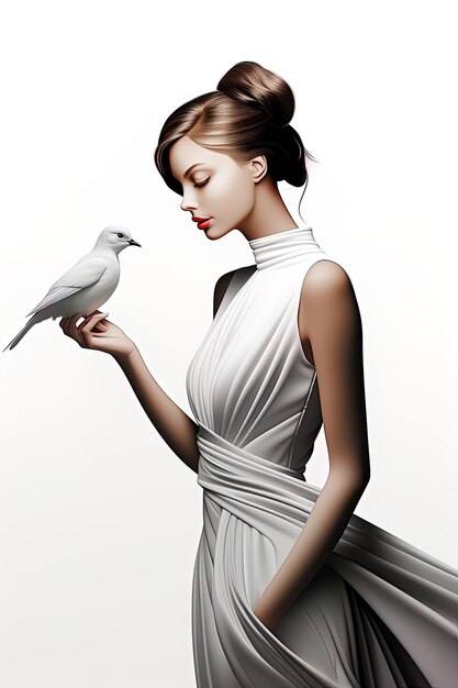 Kobieta w białej sukience z ptakiem na ręku