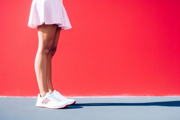 Kobieta w białej sukni i tenisówkach stojąca przed czerwoną ścianą