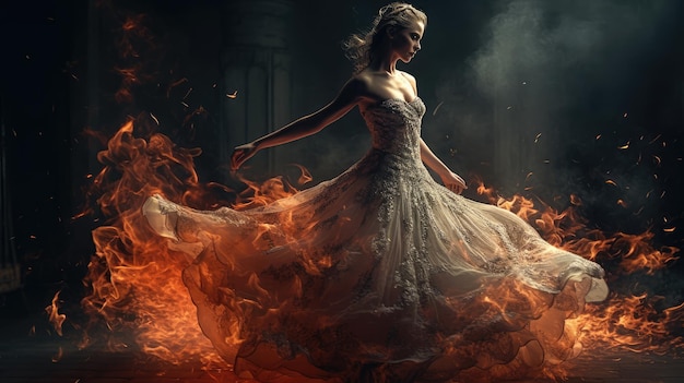 Kobieta w białej sukni jest otoczona płomieniami, a słowo ogień znajduje się w prawym dolnym rogu.