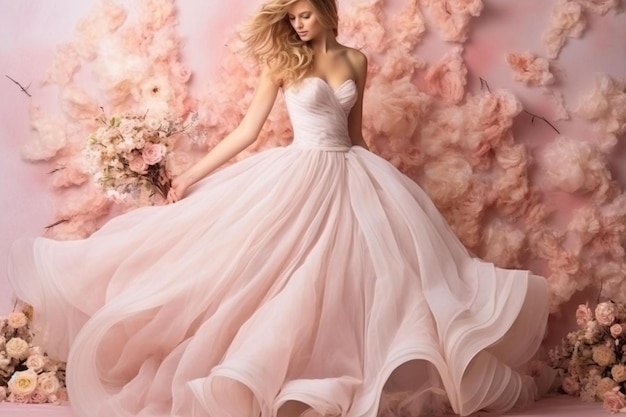 Zdjęcie kobieta w białej sukni siedzi na różowym tle.