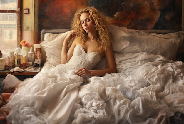 Kobieta w białej sukni ślubnej leży w łóżku z obrazem za nią.