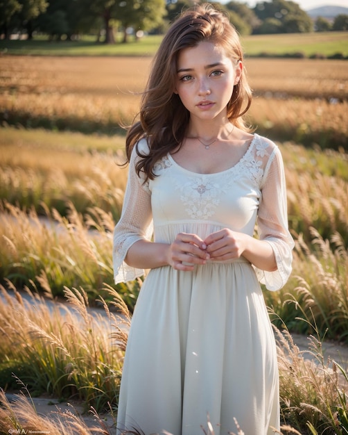 Kobieta w białej sukni stoi na polu