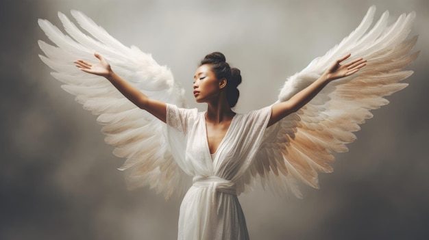 Kobieta w białej sukni z rozpostartymi skrzydłami generatywne ai