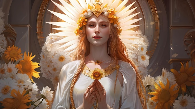 Kobieta w białej sukni ze złotą koroną i aureolą z kwiatów.