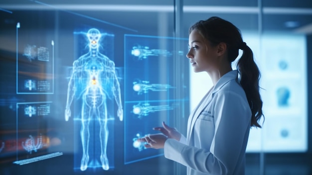 Kobieta w białym fartuchu laboratoryjnym stoi przed ekranem z napisem „serce”