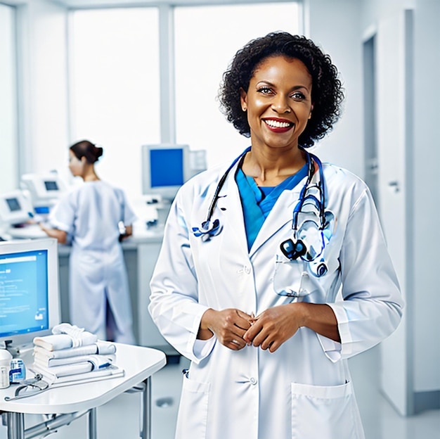 Kobieta w białym fartuchu laboratoryjnym ze stetoskopem na szyi stoi przed monitorem komputera
