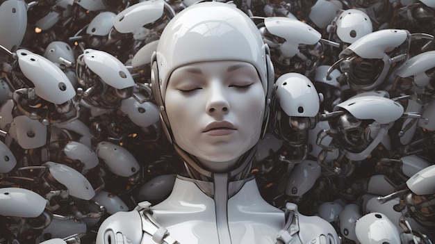 Kobieta w białym garniturze otoczona wieloma białymi robotami Generative AI Art