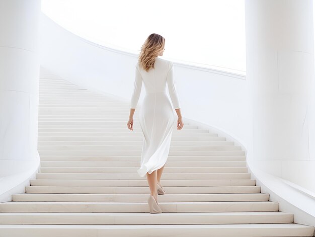 kobieta w białym garniturze wspina się po stopniach białych schodów generowanych ai