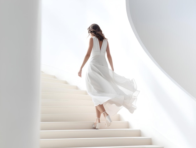 kobieta w białym garniturze wspina się po stopniach białych schodów generowanych ai