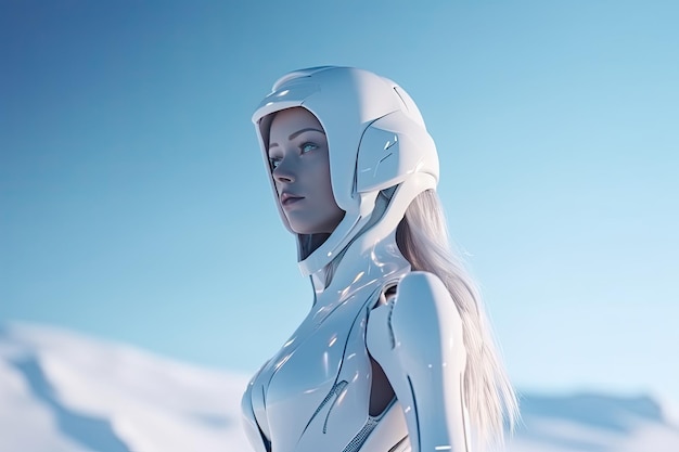 Kobieta w białym hełmie stojąca w śniegu