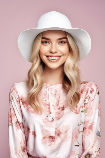 Kobieta w białym kapeluszu i różowej sukience z różowym kwiatkiem.
