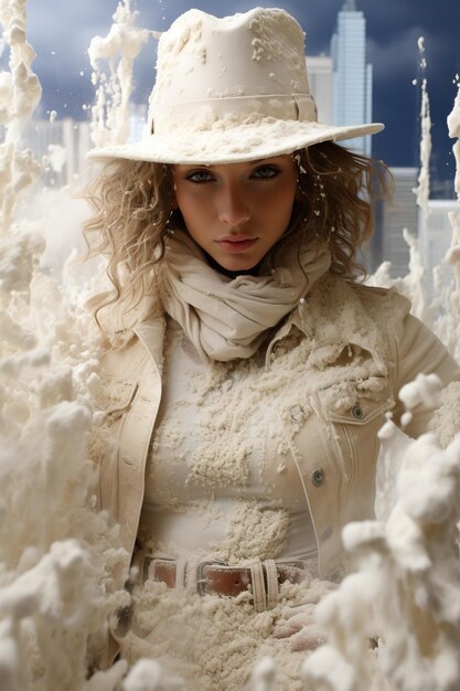 kobieta w białym kapeluszu i szaliku stojąca na śniegu