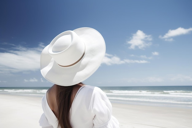 Kobieta w białym kapeluszu na plaży patrząca na morze i błękitne niebo Generacyjna sztuczna inteligencja
