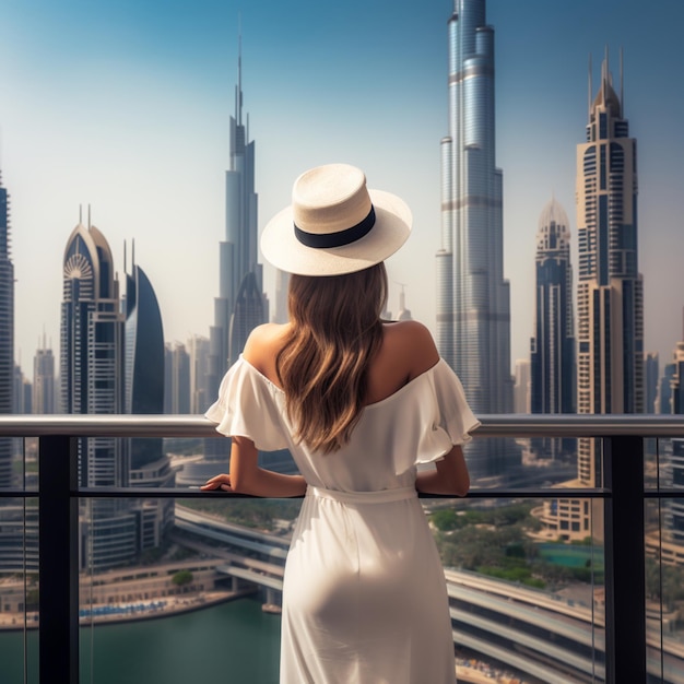 Kobieta w białym kapeluszu stoi na balkonie i patrzy na budynki drapaczy chmur w mieście