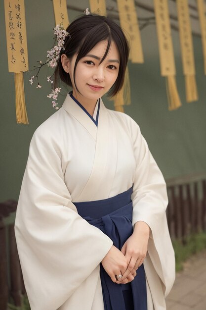Zdjęcie kobieta w białym kimonie stoi przed ścianą z kwiatami.