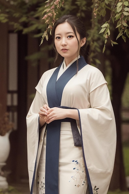 Kobieta w białym kimonie z napisem hanfu na przodzie