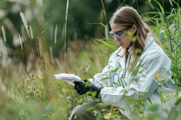 Kobieta w białym płaszczu laboratoryjnym i okularach siedząca w wysokiej trawie