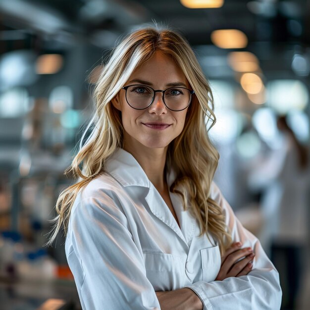 Zdjęcie kobieta w białym płaszczu laboratoryjnym stoi przed kamerą.
