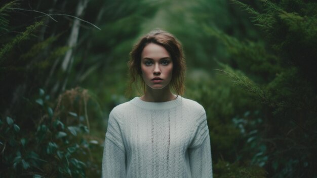 Zdjęcie kobieta w białym swetrze stoi w ciemnym lesie