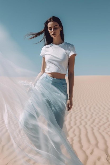 Kobieta w białym topie i niebieskiej spódnicy stoi na pustyni.