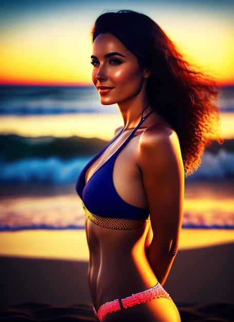 Kobieta w bikini stoi na plaży o zachodzie słońca.