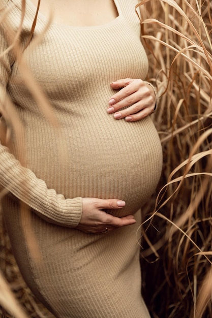 Kobieta w ciąży dotyka jej brzucha w przyjemnym oczekiwaniu na spacer Zbliżenie kobiety w ciąży