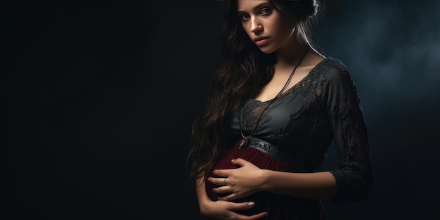 Kobieta w ciąży na czarnym tle Temat utraty dziecka Miejsce na tekst Generatywna sztuczna inteligencja