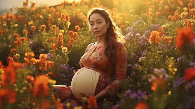 Kobieta w ciąży na polu kwiatów