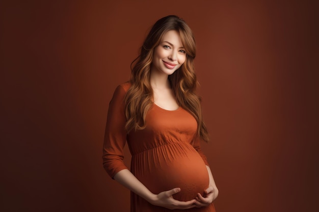 Kobieta w ciąży pozuje do zdjęcia w czerwonej sukience.