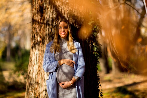 Kobieta w ciąży pozuje w parku