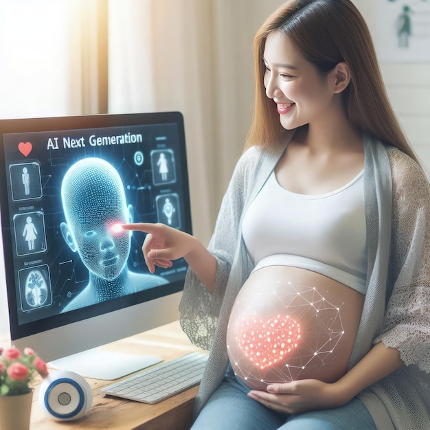kobieta w ciąży siedzi przed ekranem komputera pokazującym ludzki mózg