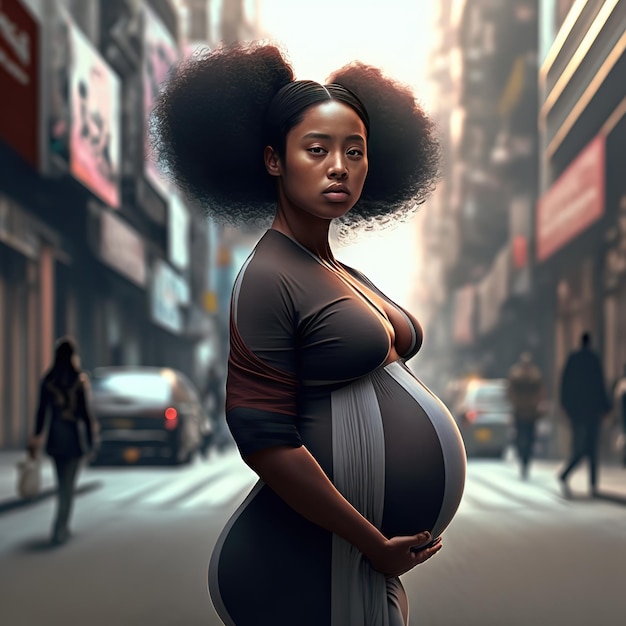 Kobieta w ciąży stoi na środku ruchliwej ulicy miasta.