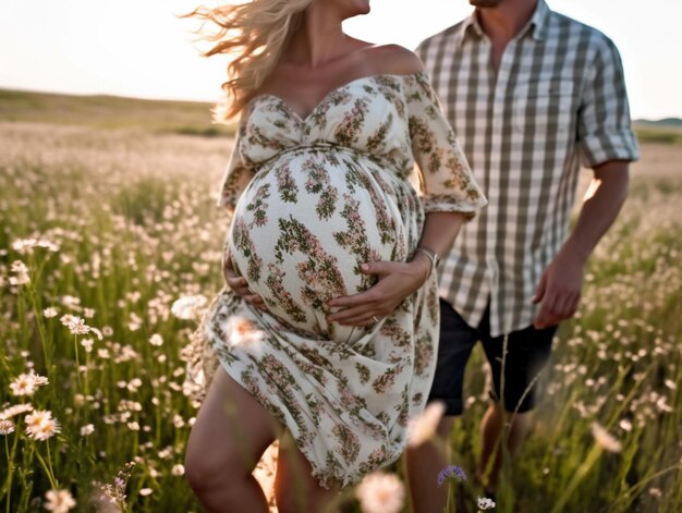 Zdjęcie kobieta w ciąży stoi z mężem na polu kwiatów.