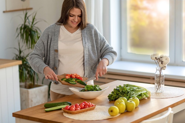 Kobieta w ciąży tnący warzywa w kuchni