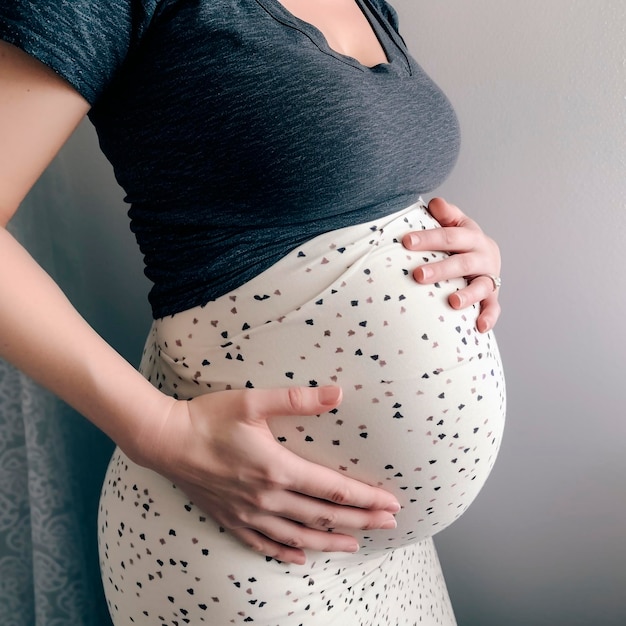 Kobieta w ciąży trzyma brzuch z napisem „ciąża”.