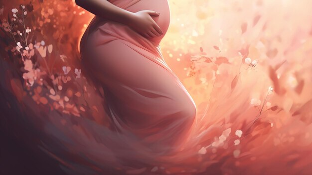 Zdjęcie kobieta w ciąży trzyma swój brzuch w wymarzonym uroczym ogrodzie kwiatowym emanuje radością macierzyństwa