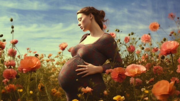 Kobieta W Ciąży W Polu Kwiatów