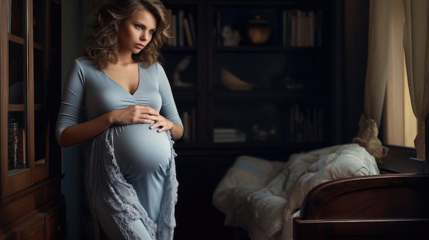 Kobieta w ciąży w sukience Przyszła matka czeka i przygotowuje się do narodzin dziecka w czasie ciąży