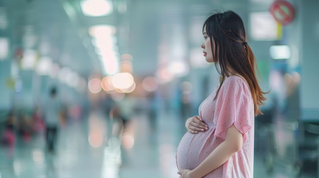 Kobieta w ciąży z niewyraźnym tłem w szpitalu